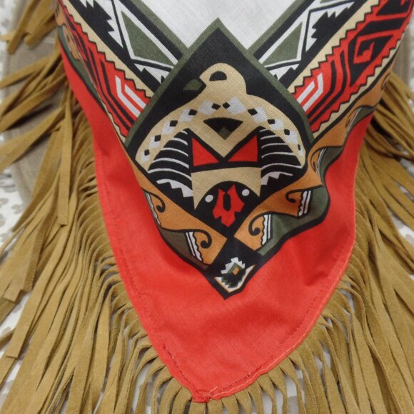 Wamcraft Vintage Neck Kerchief Native American Print Leather Fringed Scarf EUC - Picture 3 of 6